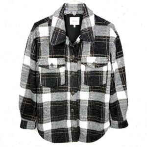 Greylin Womens Eyelash Knit Plaid Shacket Top Black White Button Down Size Small